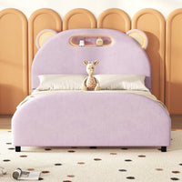 Upholstered Platform Bed With Bear-Shaped Headboard And Embedded Light Stripe, Velvet