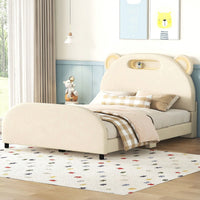 Upholstered Platform Bed With Bear-Shaped Headboard And Embedded Light Stripe, Velvet