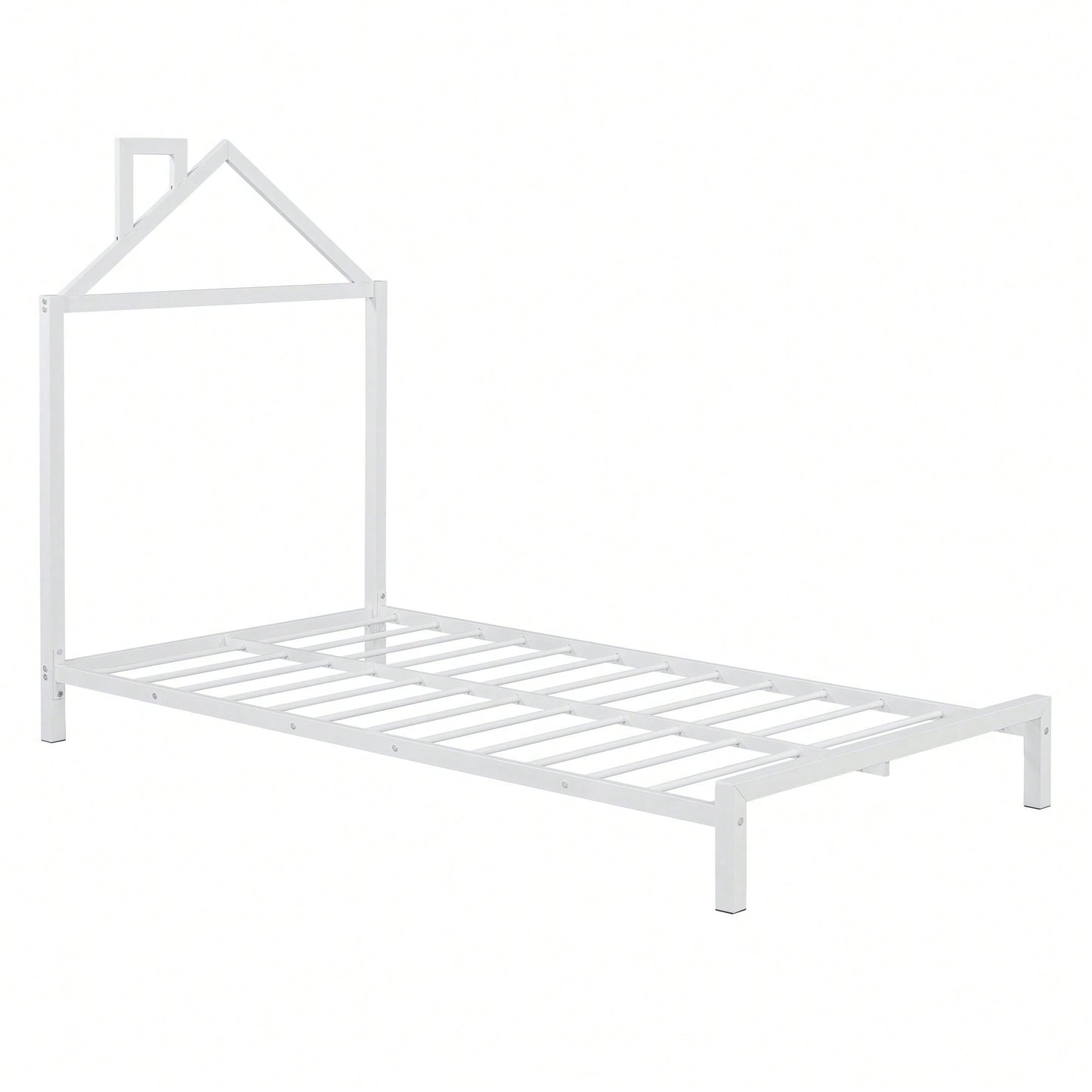 Metal Platform Bed With House-Shaped Headboard Design
