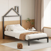 Metal Platform Bed With House-Shaped Headboard Design