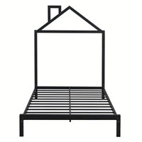Metal Platform Bed With House-Shaped Headboard Design