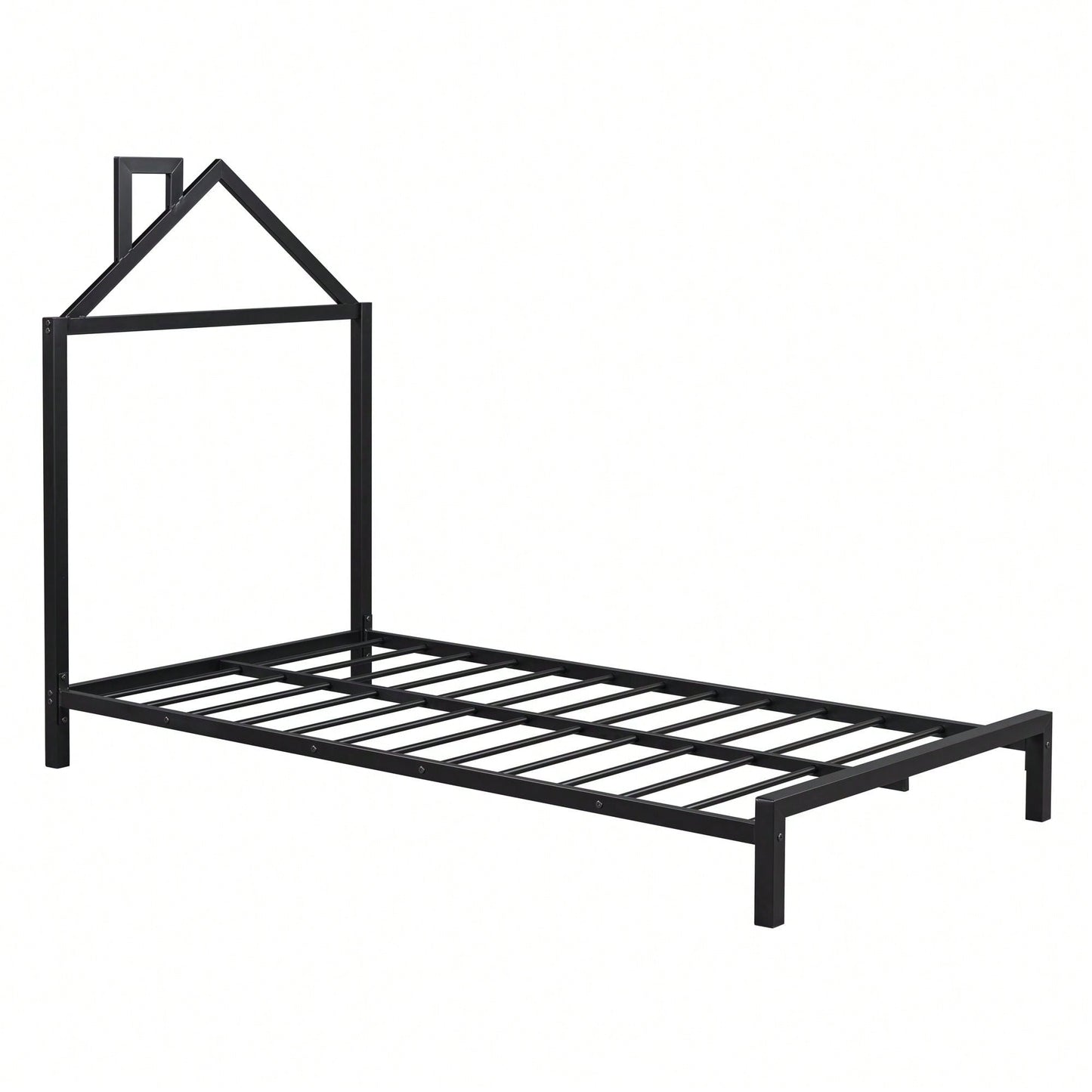 Metal Platform Bed With House-Shaped Headboard Design