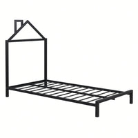 Metal Platform Bed With House-Shaped Headboard Design