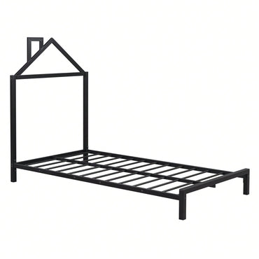 Metal Platform Bed With House-Shaped Headboard Design
