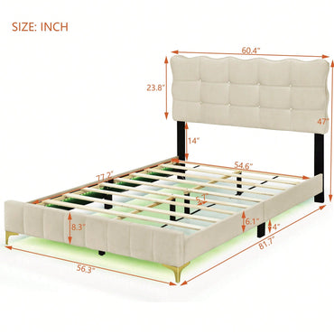 Full Size Velvet Platform Bed With LED Frame And Stylish Metal Bed Legs