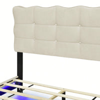 Full Size Velvet Platform Bed With LED Frame And Stylish Metal Bed Legs