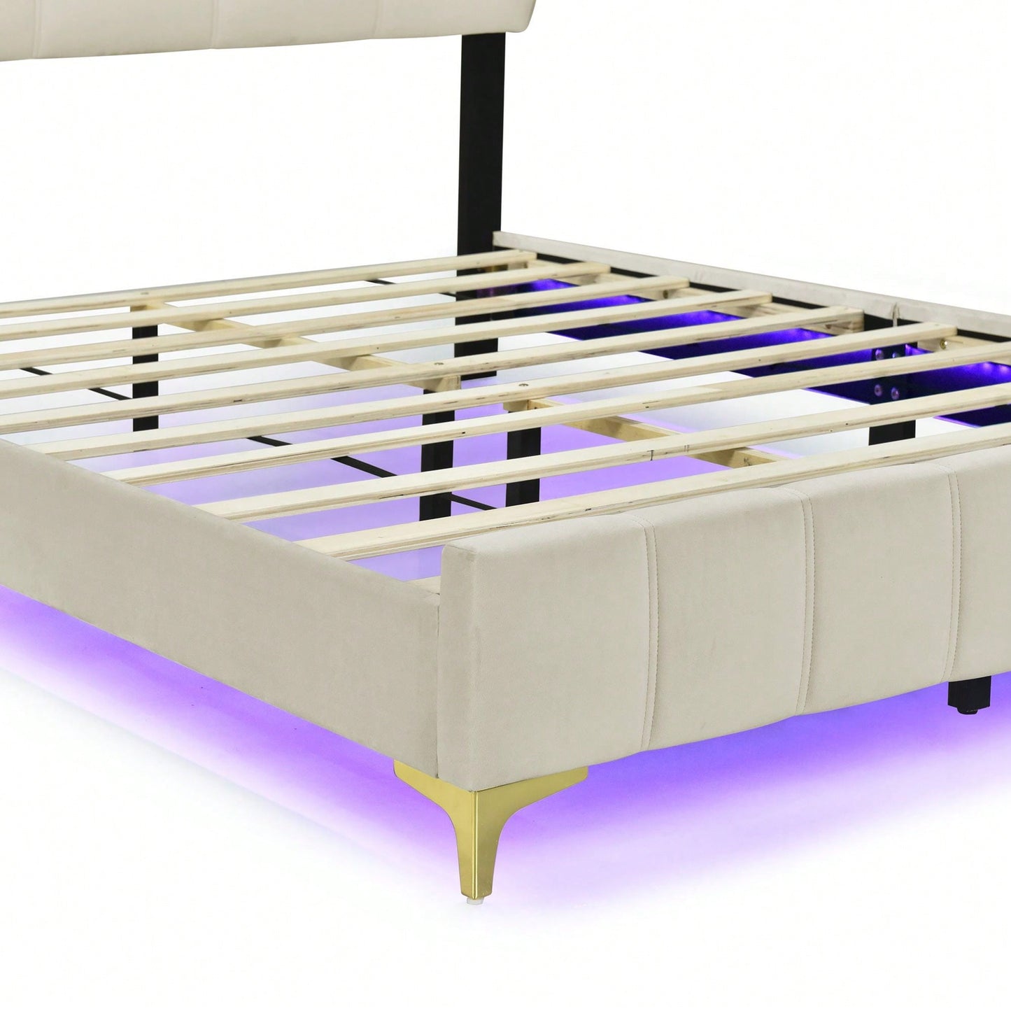 Full Size Velvet Platform Bed With LED Frame And Stylish Metal Bed Legs