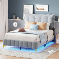 Full Size Velvet Platform Bed With LED Frame And Stylish Metal Bed Legs