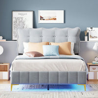 Full Size Velvet Platform Bed With LED Frame And Stylish Metal Bed Legs