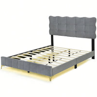 Full Size Velvet Platform Bed With LED Frame And Stylish Metal Bed Legs