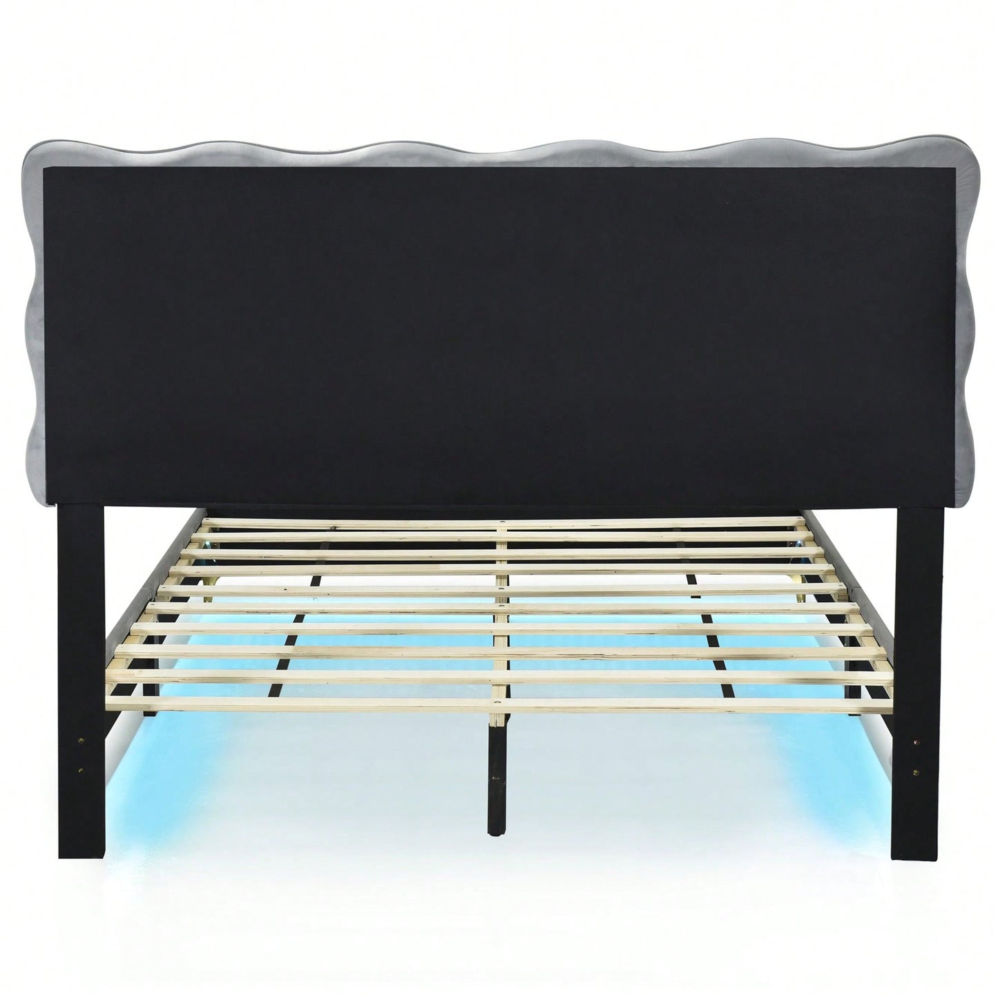 Full Size Velvet Platform Bed With LED Frame And Stylish Metal Bed Legs