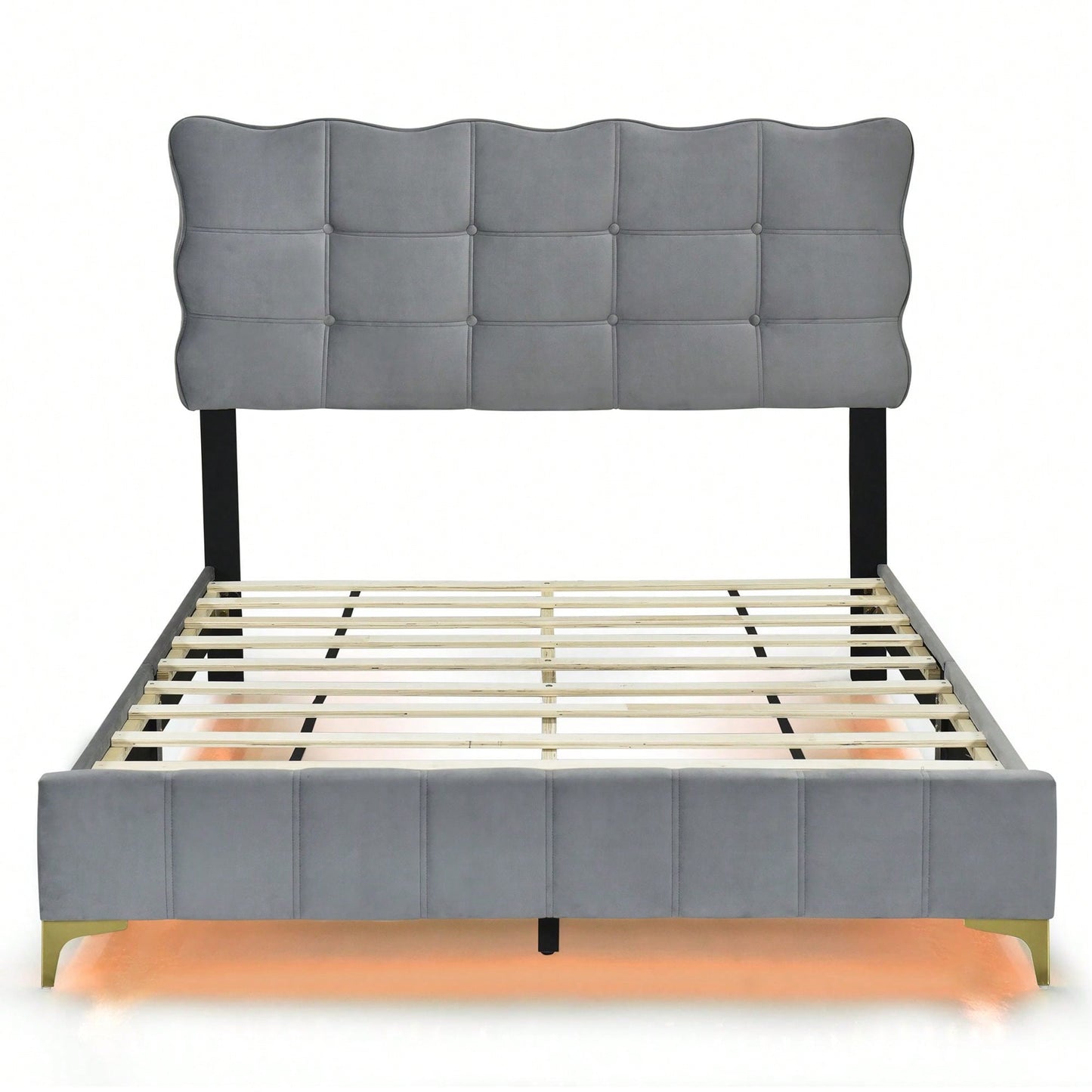 Full Size Velvet Platform Bed With LED Frame And Stylish Metal Bed Legs