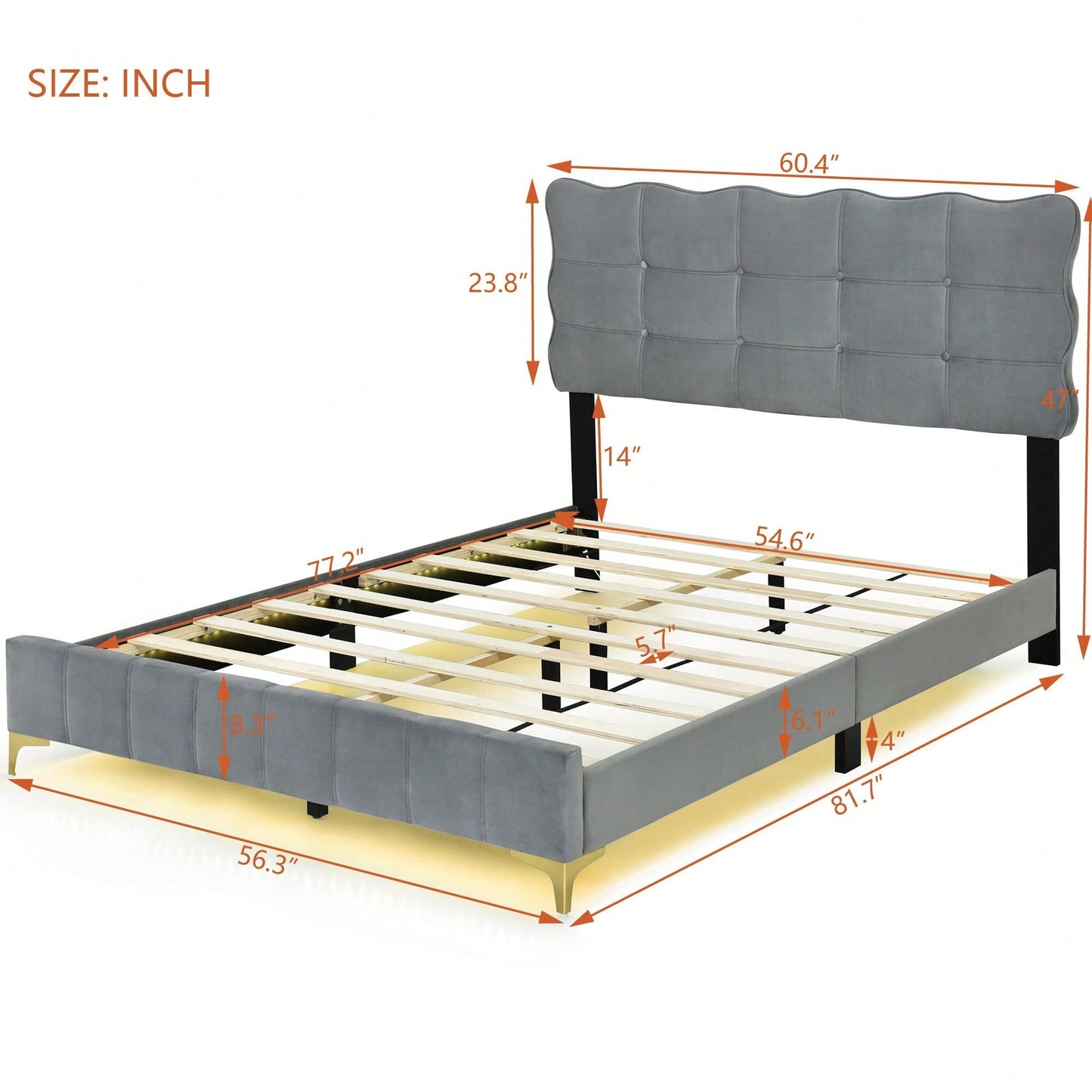 Full Size Velvet Platform Bed With LED Frame And Stylish Metal Bed Legs