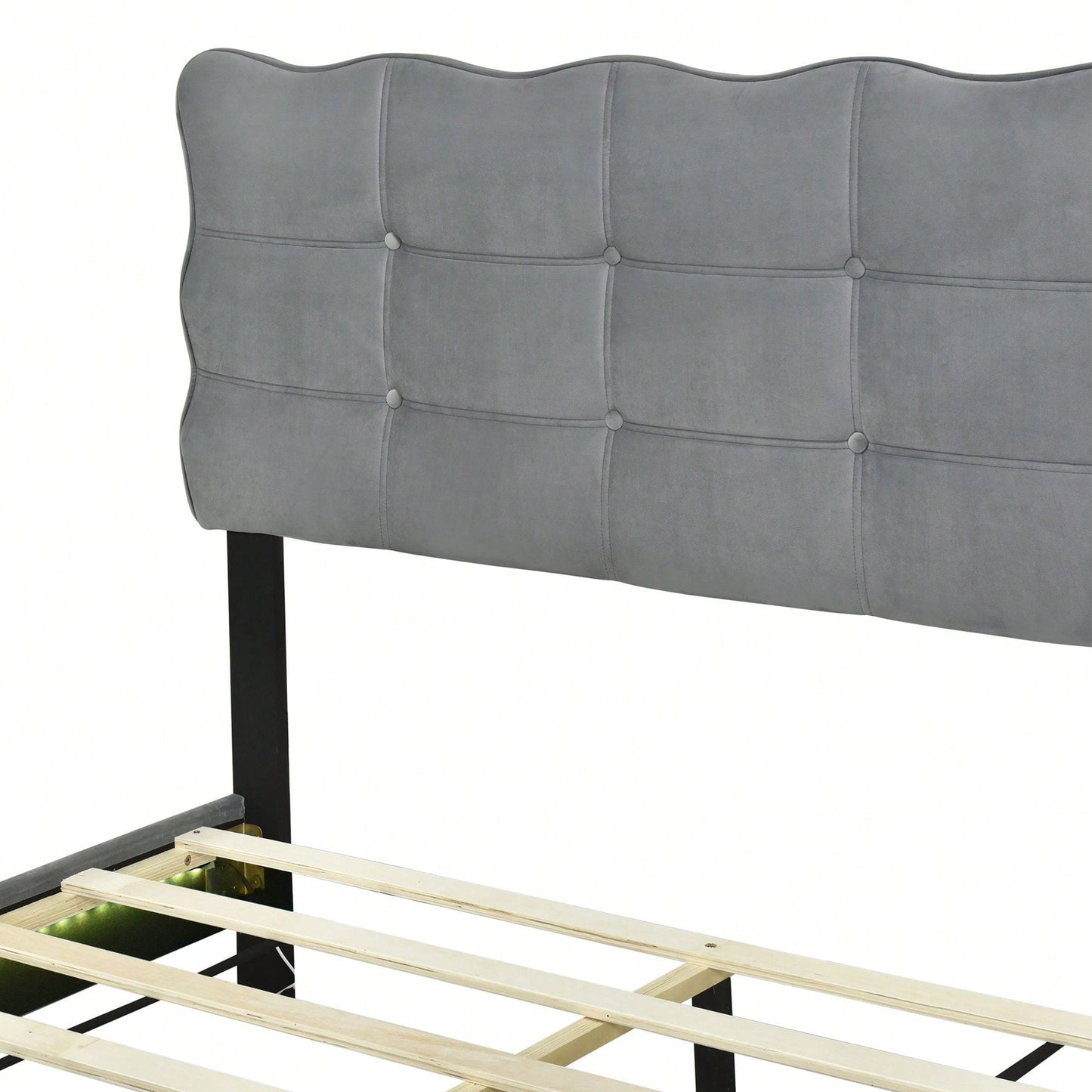 Full Size Velvet Platform Bed With LED Frame And Stylish Metal Bed Legs