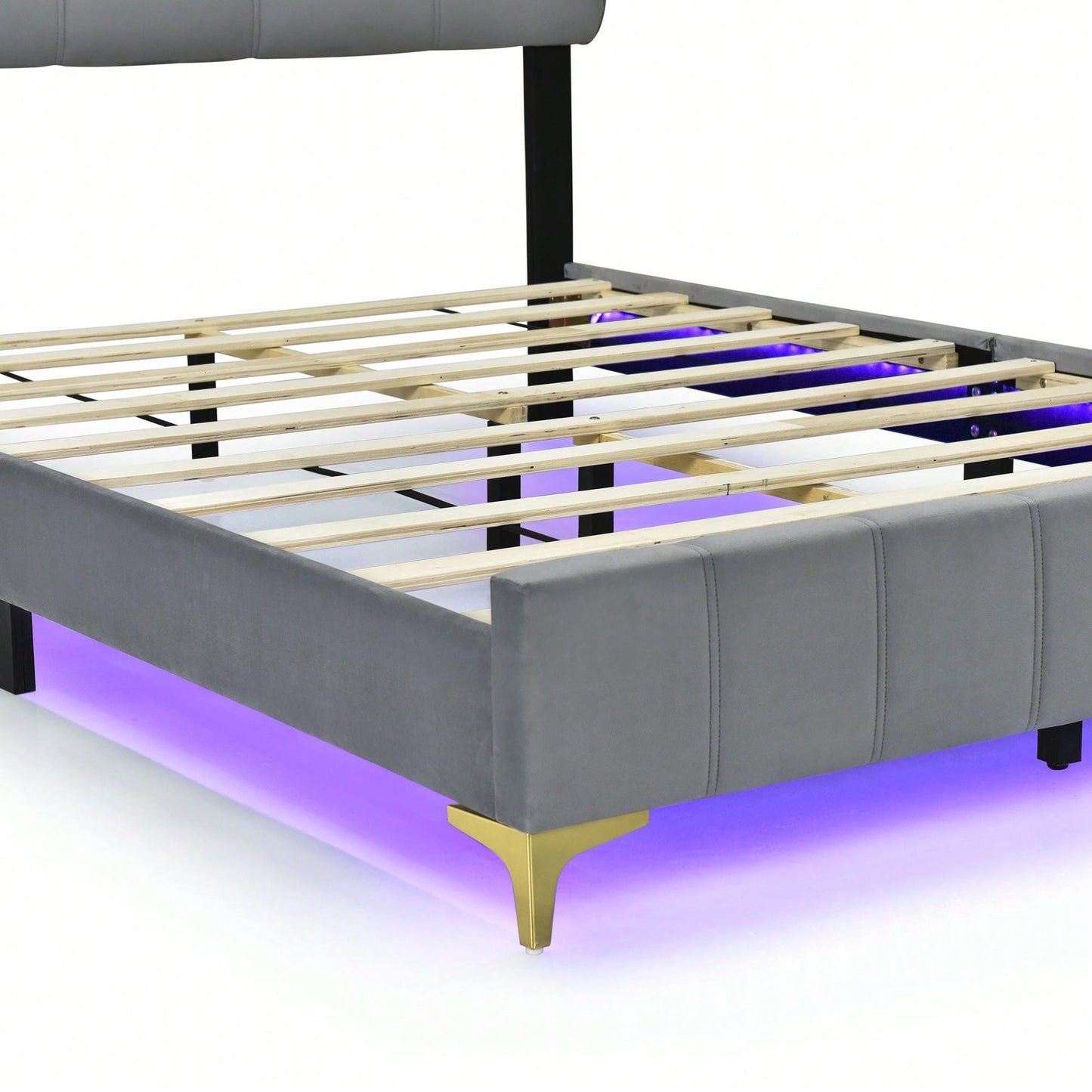 Full Size Velvet Platform Bed With LED Frame And Stylish Metal Bed Legs