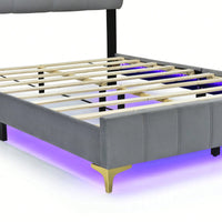 Full Size Velvet Platform Bed With LED Frame And Stylish Metal Bed Legs