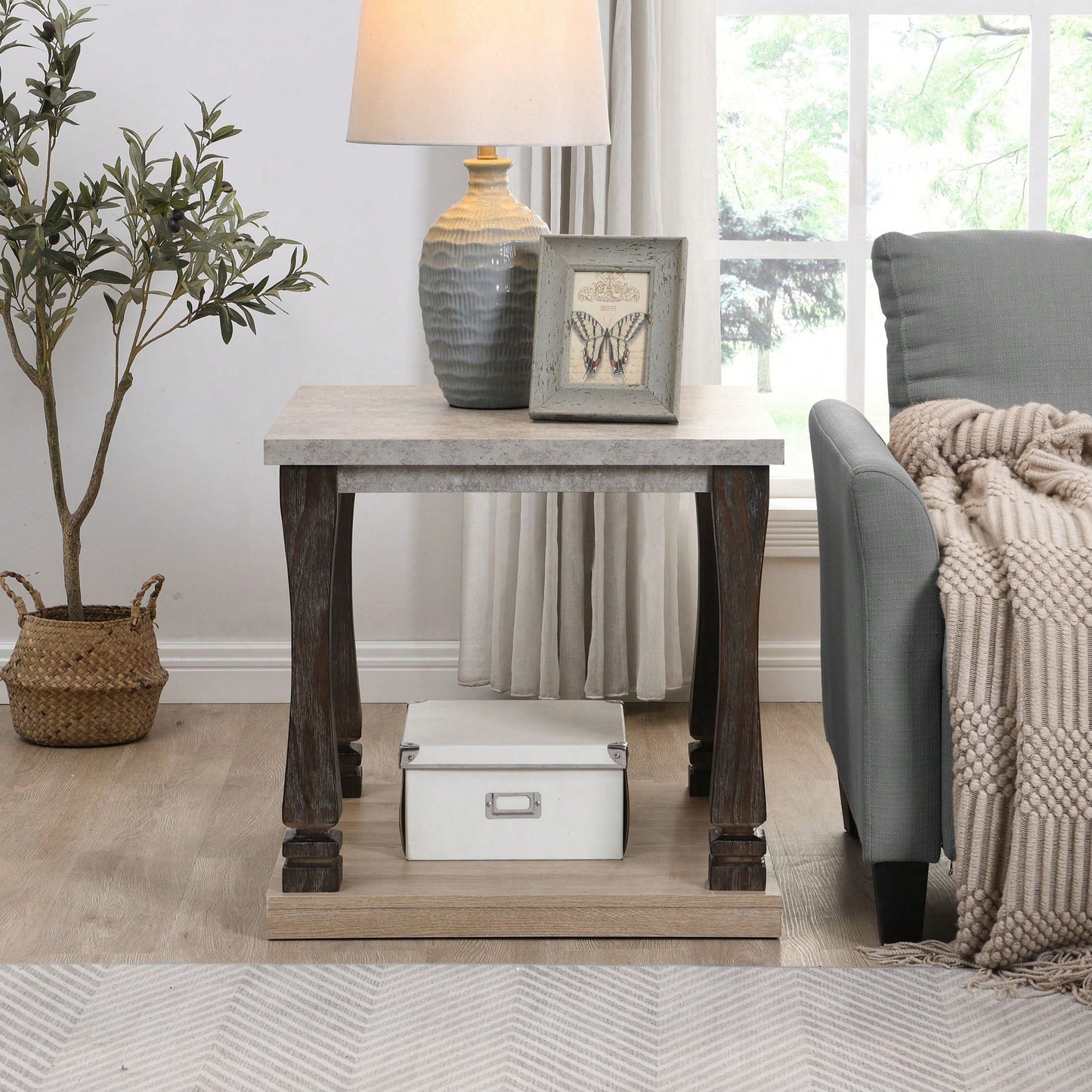 Mid-Century Rectangle End Table For Living Room, Wood Side Table With 2-Tier Storage Shelf For Living Room