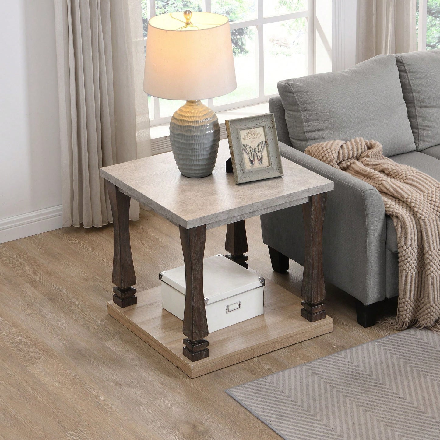 Mid-Century Rectangle End Table For Living Room, Wood Side Table With 2-Tier Storage Shelf For Living Room