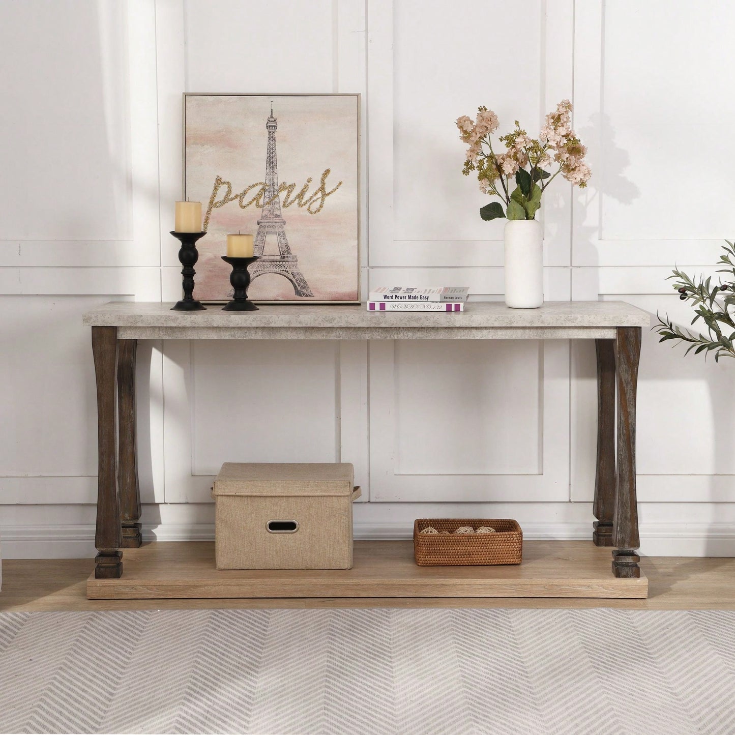 Wood Grain Console Table With 2-Tier Open Shelves Waterproof, Elegant Design, And Easy Assembly Antique Grey