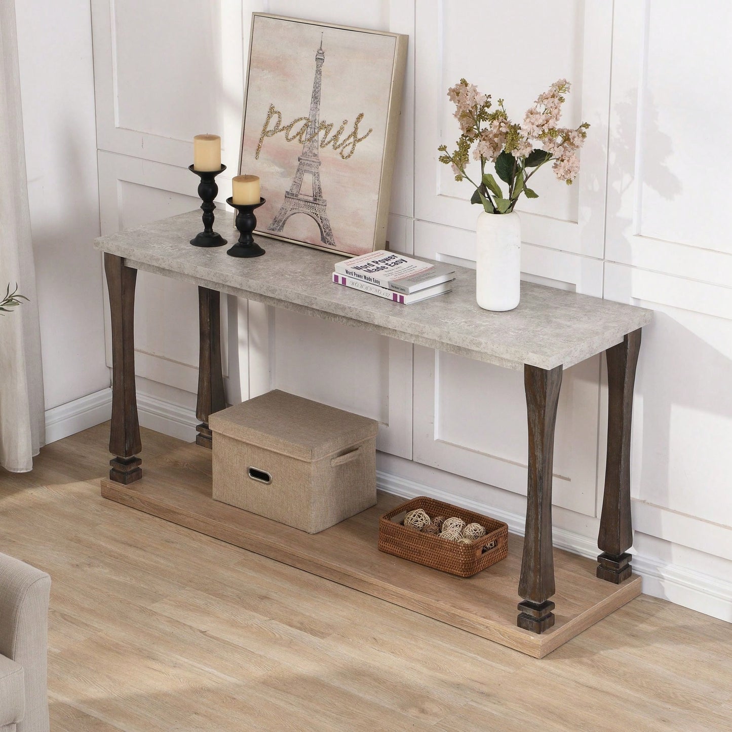 Wood Grain Console Table With 2-Tier Open Shelves Waterproof, Elegant Design, And Easy Assembly Antique Grey