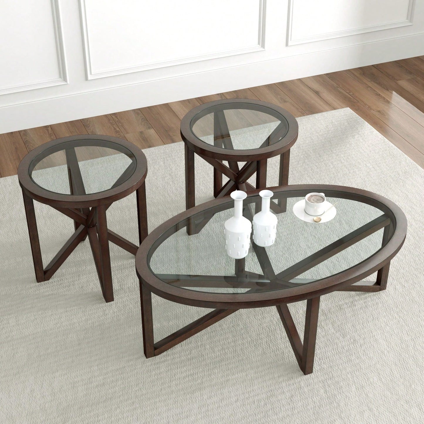 Modern Round Glass Coffee Table with Solid Wood Base for Living Room and Study