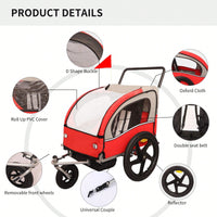 2-In-1 Double 2 Seat Bicycle Bike Trailer Jogger Stroller, Foldable Collapsible W/Pivot Front Wheel