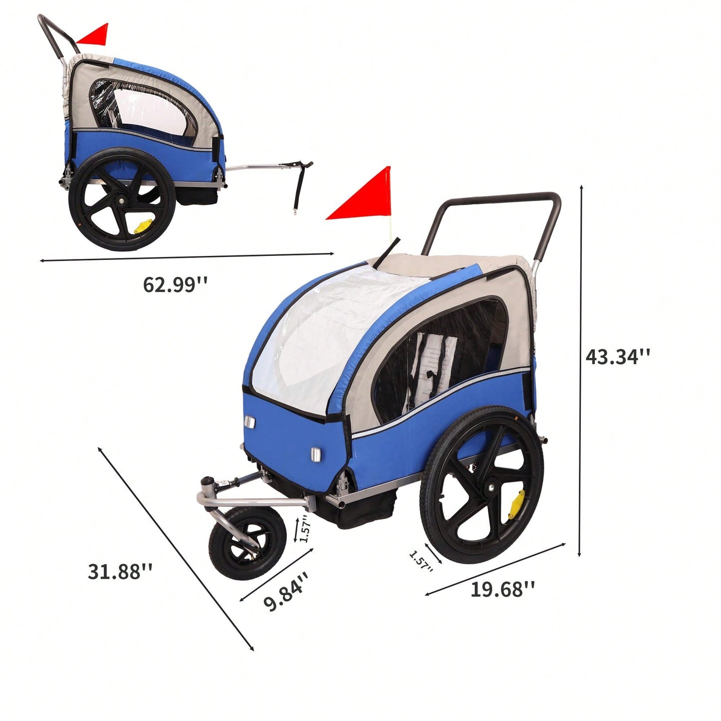 2-In-1 Double 2 Seat Bicycle Bike Trailer Jogger Stroller, Foldable Collapsible W/Pivot Front Wheel