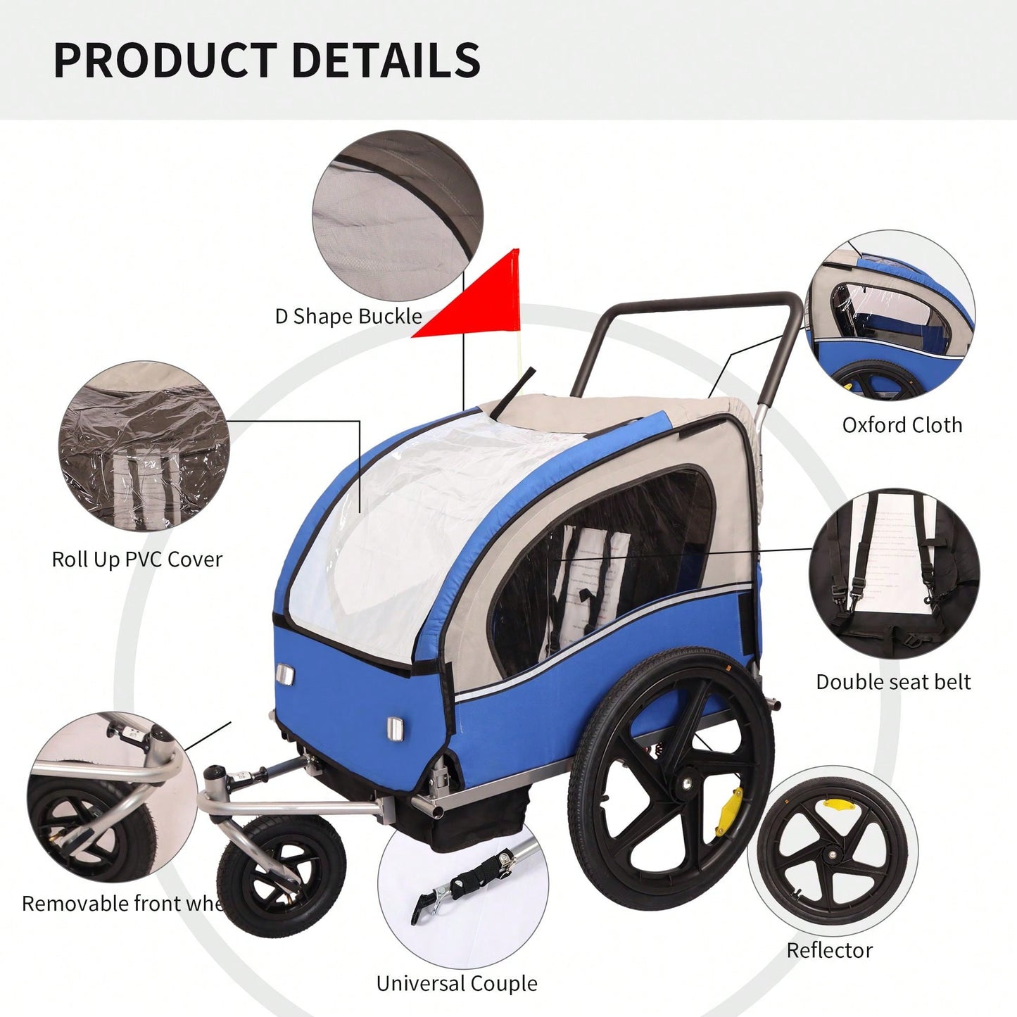 2-In-1 Double 2 Seat Bicycle Bike Trailer Jogger Stroller, Foldable Collapsible W/Pivot Front Wheel