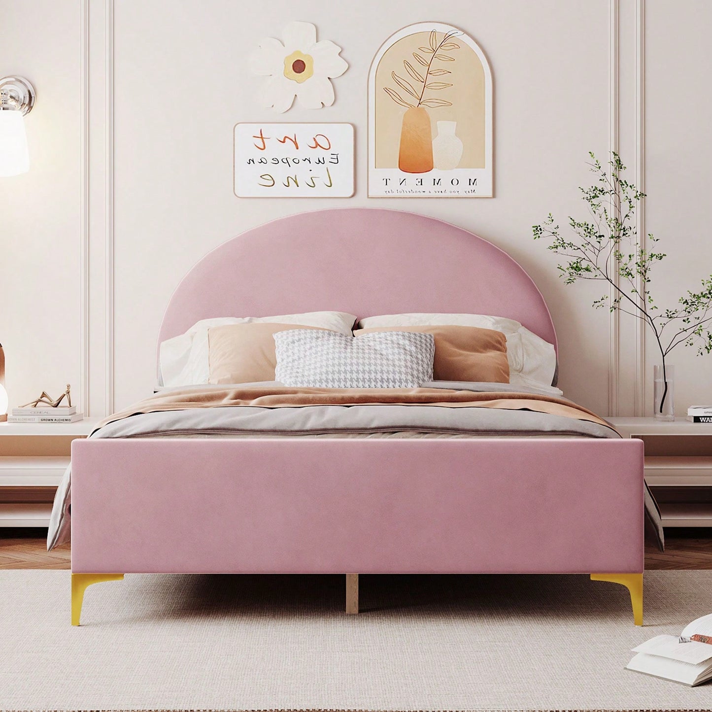 Full Size Upholstered Platform Bed With Classic Semi-Circle Shaped Headboard And Metal Legs