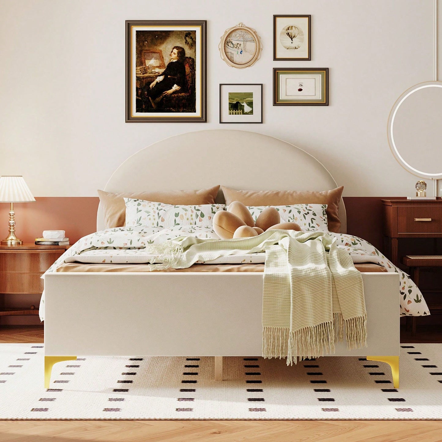 Full Size Upholstered Platform Bed With Classic Semi-Circle Shaped Headboard And Metal Legs