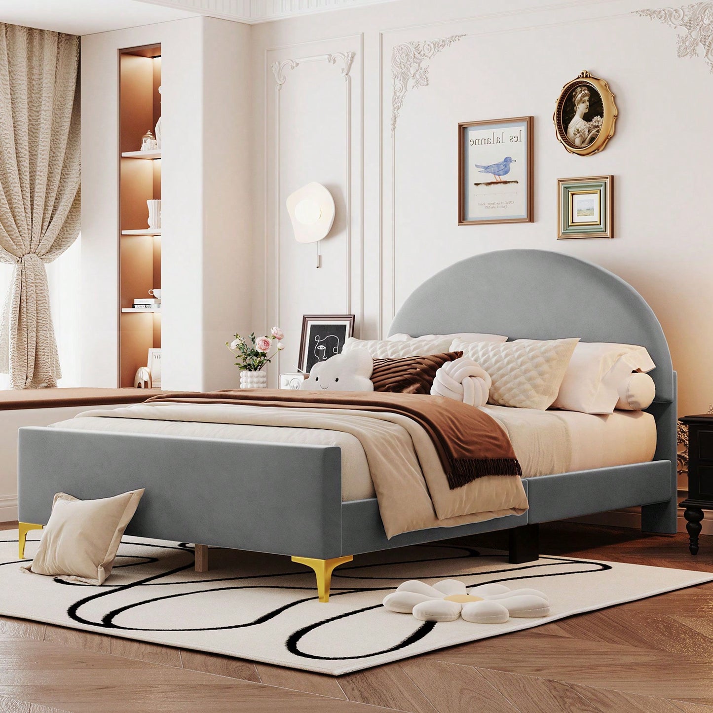 Full Size Upholstered Platform Bed With Classic Semi-Circle Shaped Headboard And Metal Legs