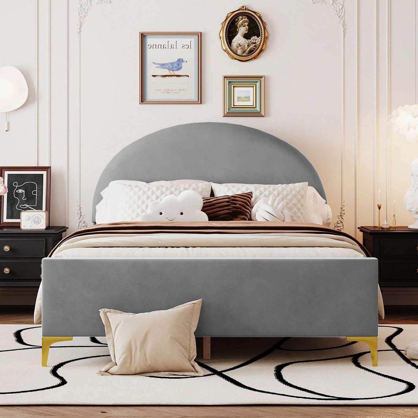 Full Size Upholstered Platform Bed With Classic Semi-Circle Shaped Headboard And Metal Legs