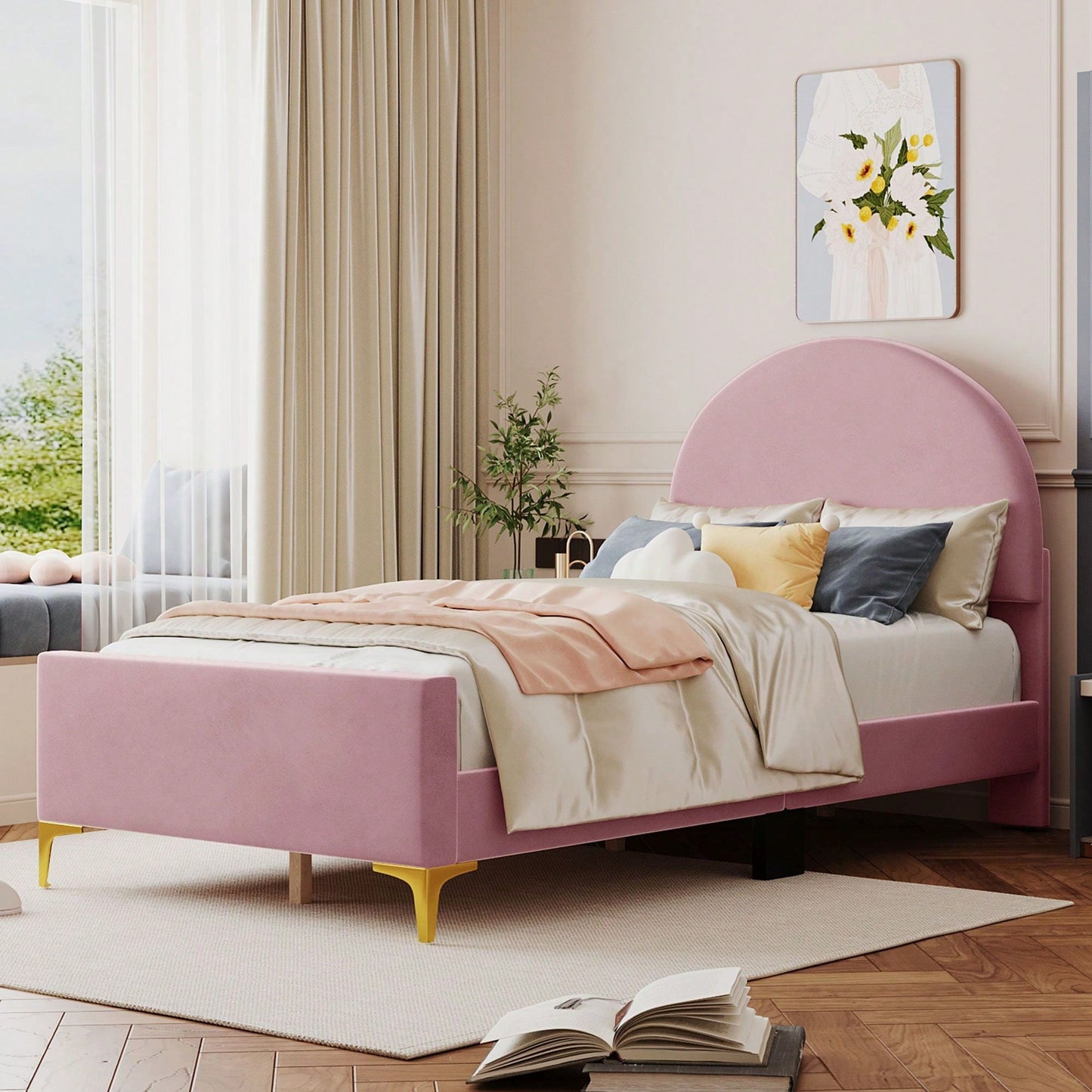 Twin Size Upholstered Platform Bed With Classic Semi-Circle Shaped Headboard And Mental Legs