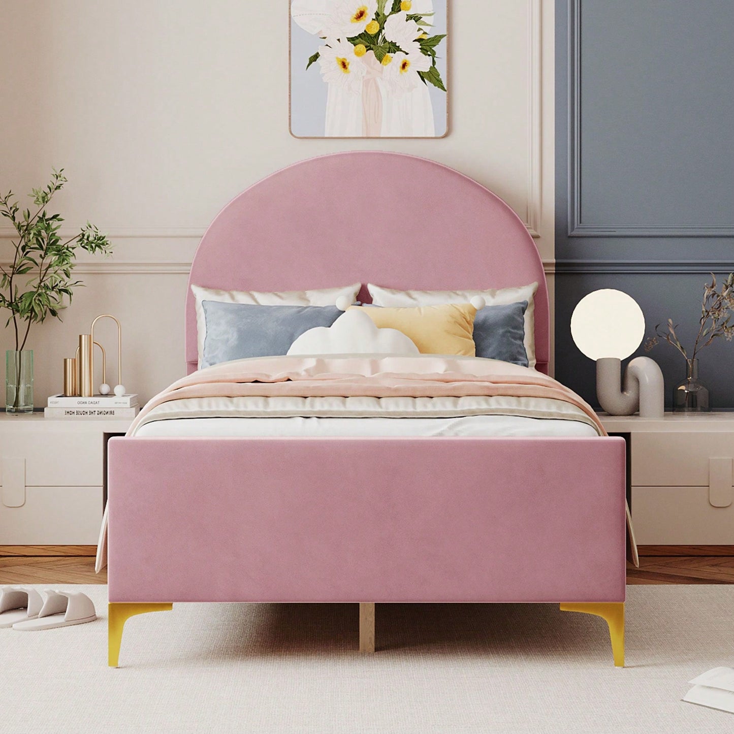 Twin Size Upholstered Platform Bed With Classic Semi-Circle Shaped Headboard And Mental Legs