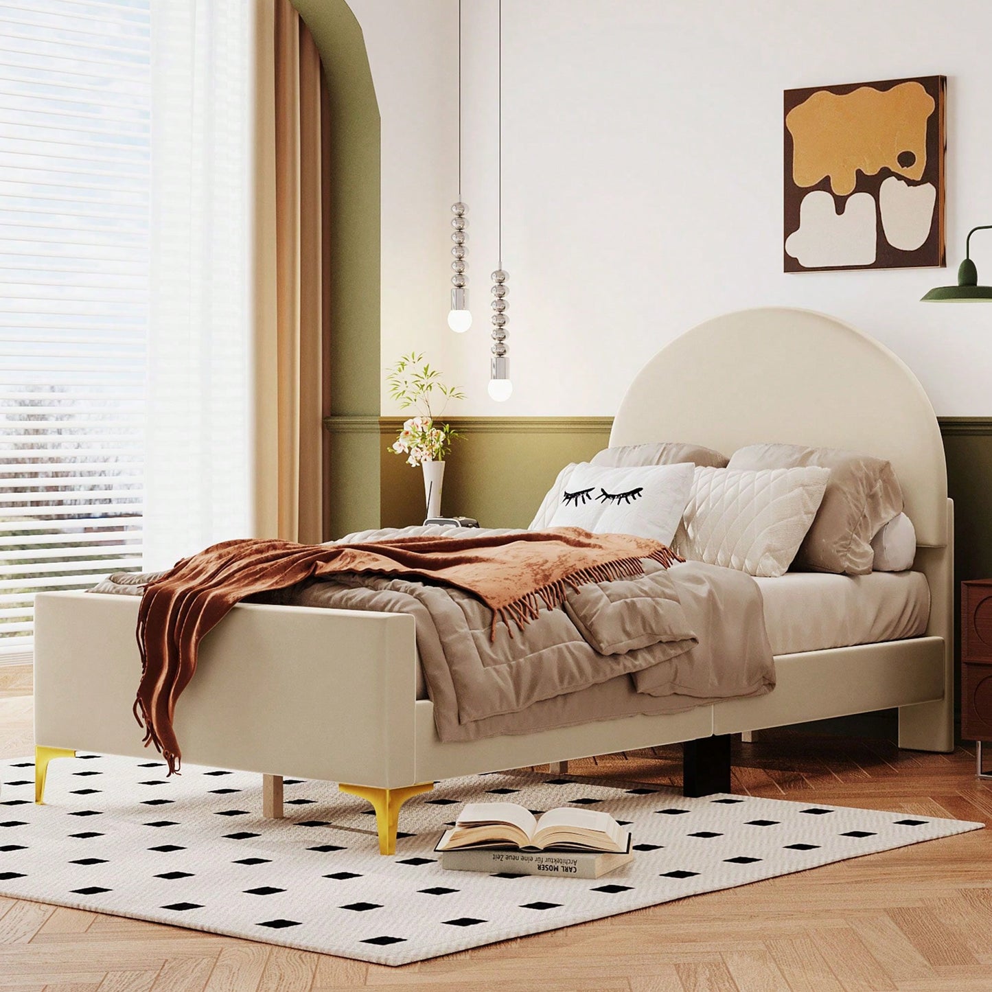 Twin Size Upholstered Platform Bed With Classic Semi-Circle Shaped Headboard And Mental Legs