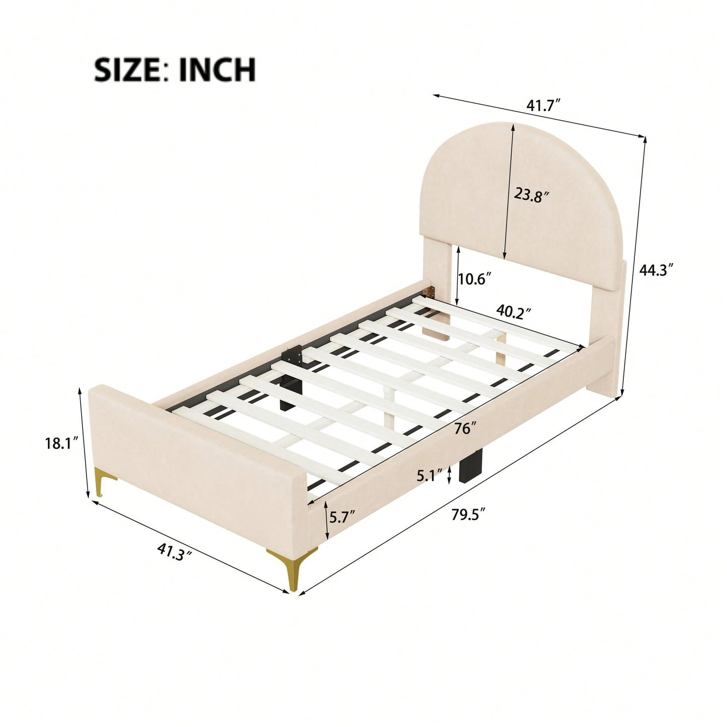 Twin Size Upholstered Platform Bed With Classic Semi-Circle Shaped Headboard And Mental Legs