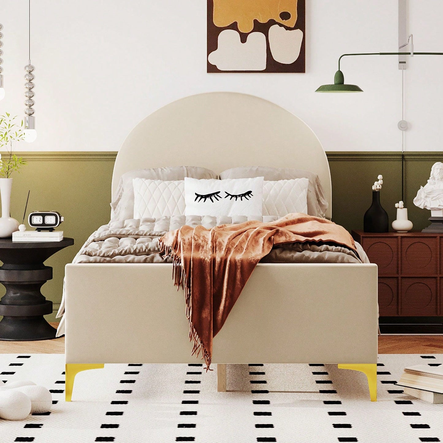 Twin Size Upholstered Platform Bed With Classic Semi-Circle Shaped Headboard And Mental Legs