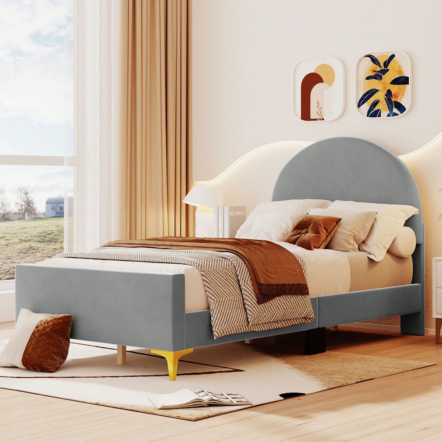 Twin Size Upholstered Platform Bed With Classic Semi-Circle Shaped Headboard And Mental Legs