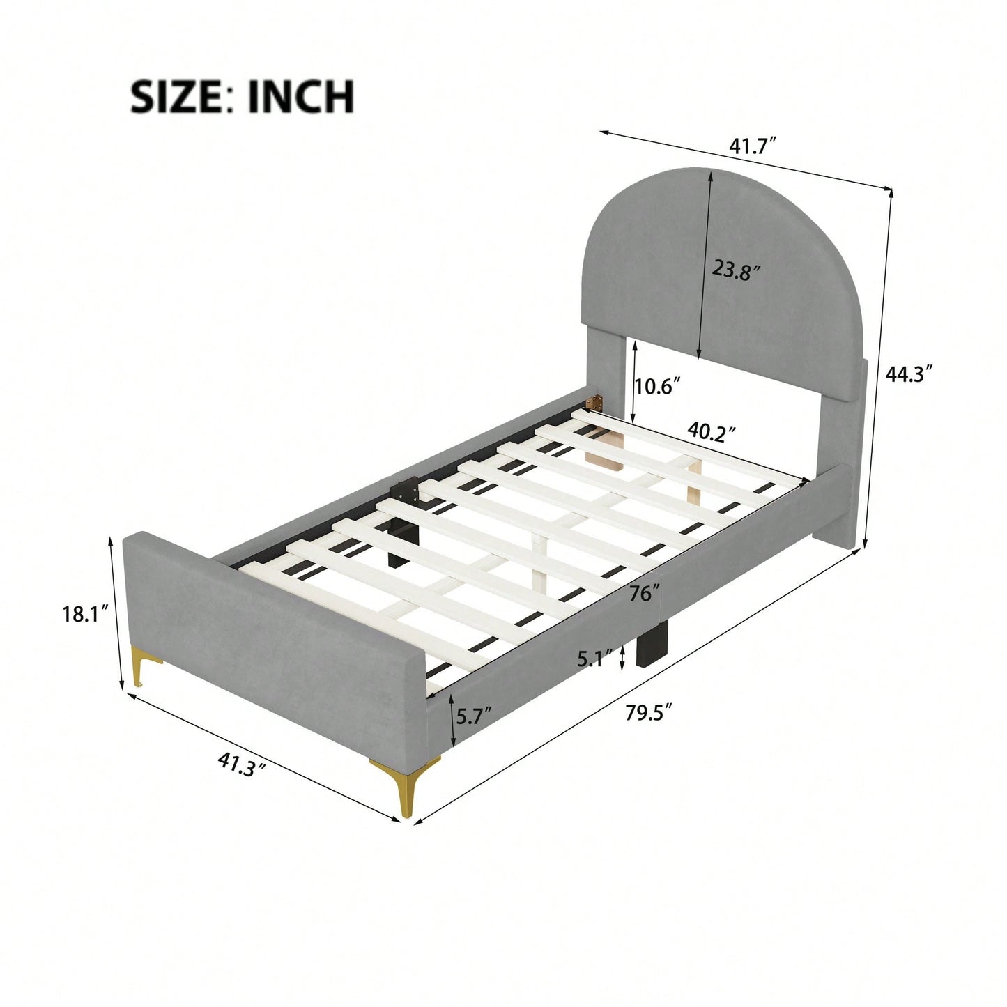 Twin Size Upholstered Platform Bed With Classic Semi-Circle Shaped Headboard And Mental Legs