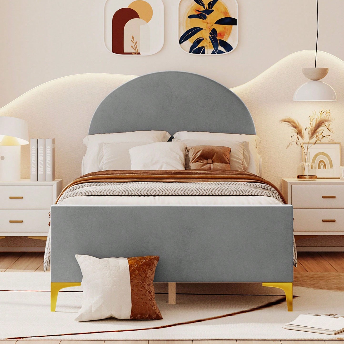 Twin Size Upholstered Platform Bed With Classic Semi-Circle Shaped Headboard And Mental Legs