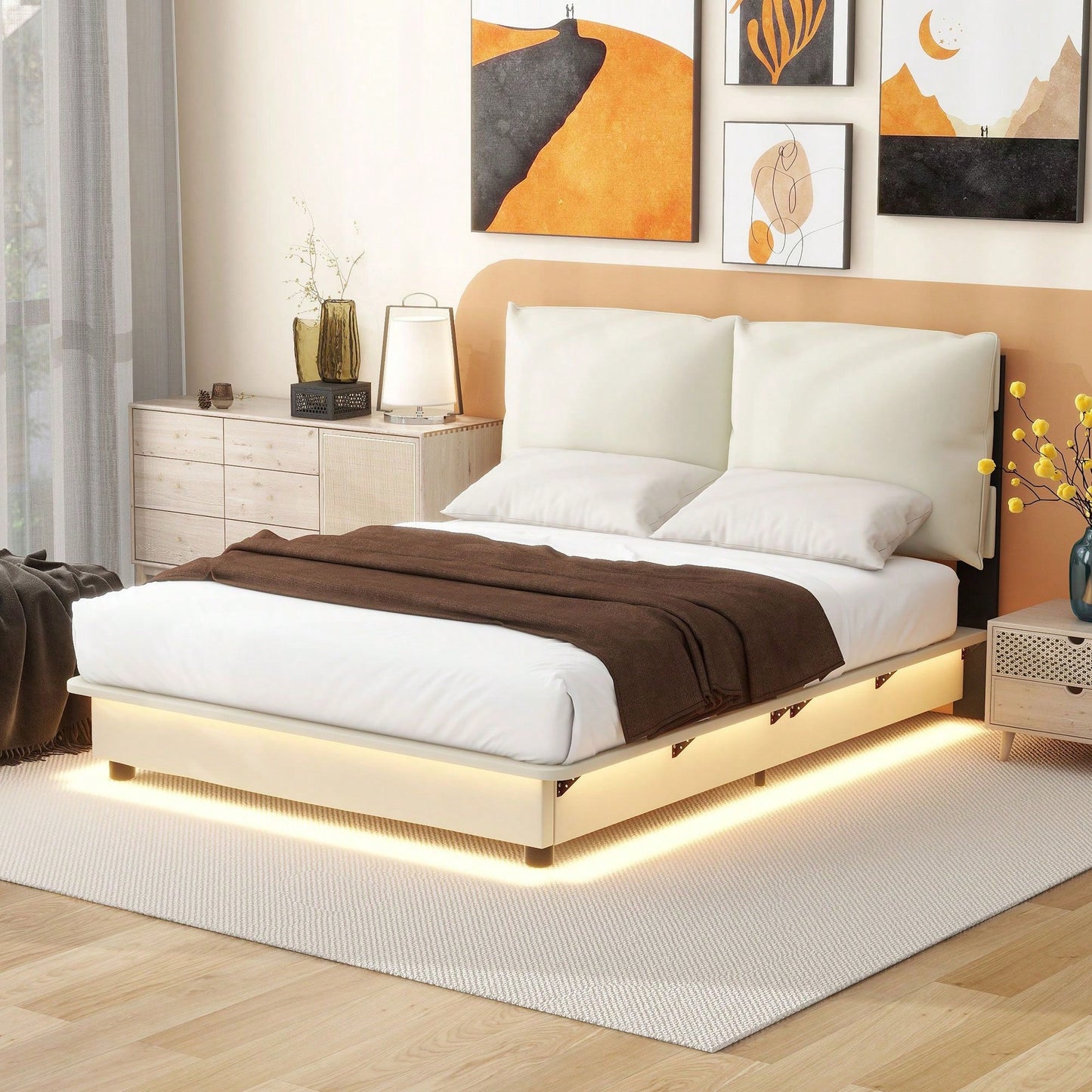 Full Size Upholstered Platform Bed With Sensor Light And Ergonomic Design Backrests