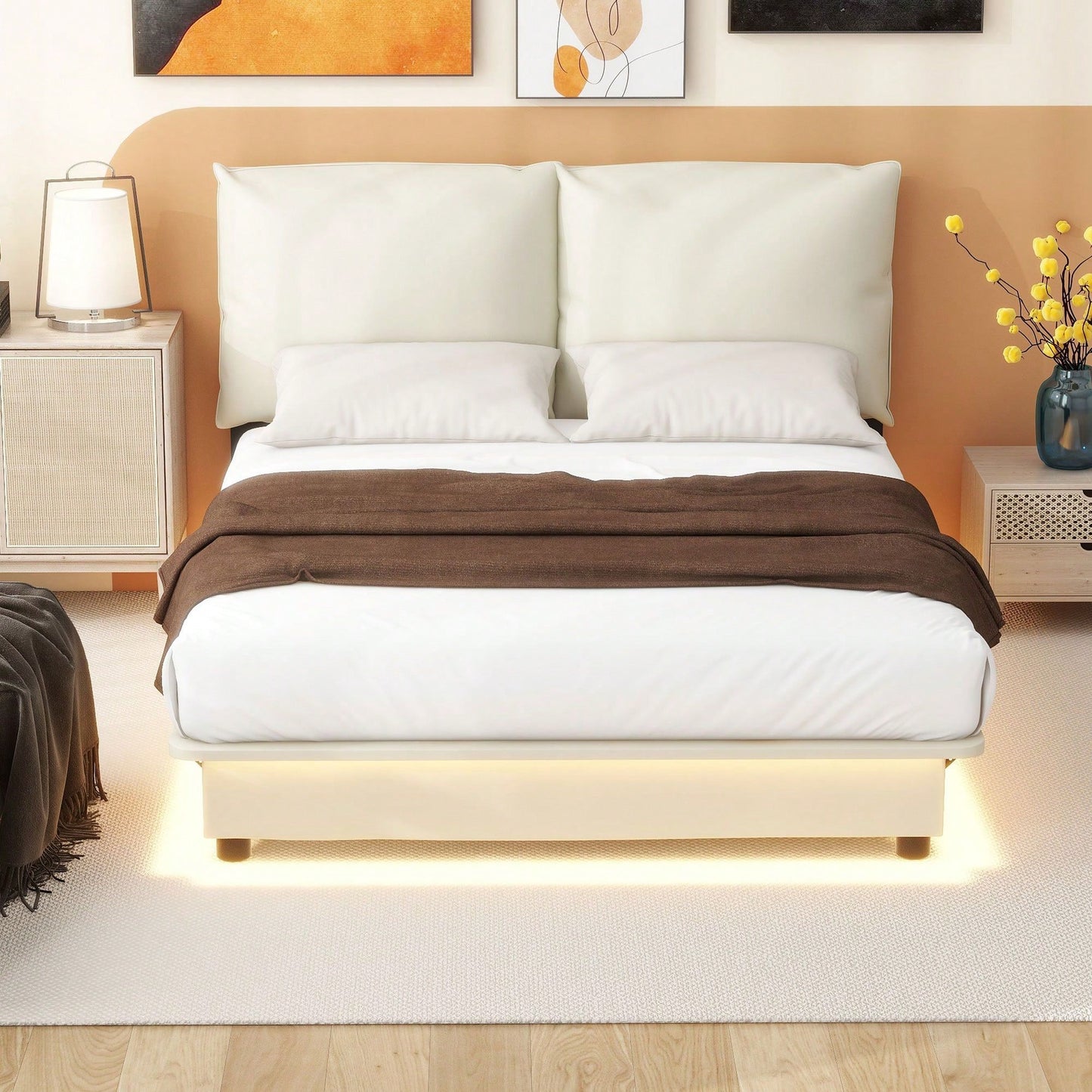 Full Size Upholstered Platform Bed With Sensor Light And Ergonomic Design Backrests