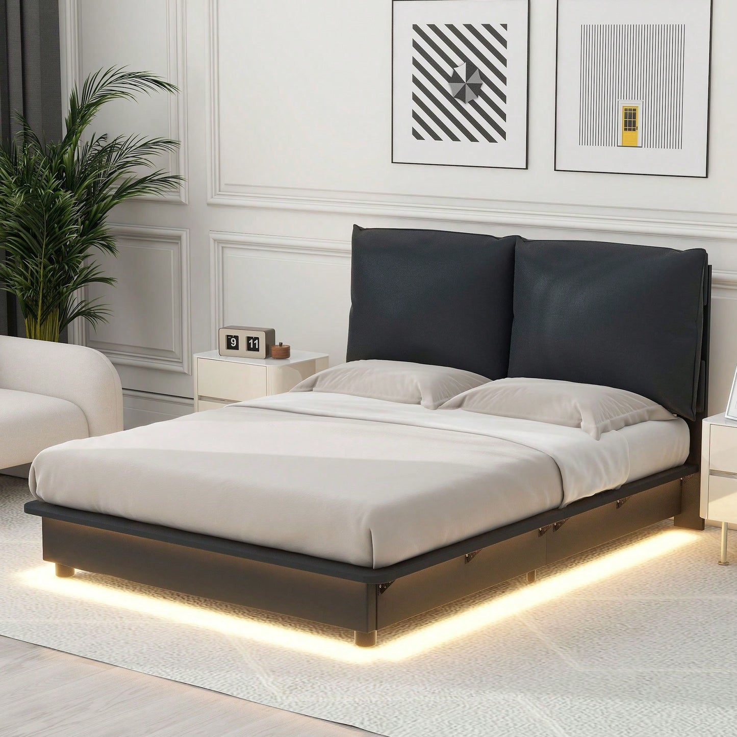 Full Size Upholstered Platform Bed With Sensor Light And Ergonomic Design Backrests