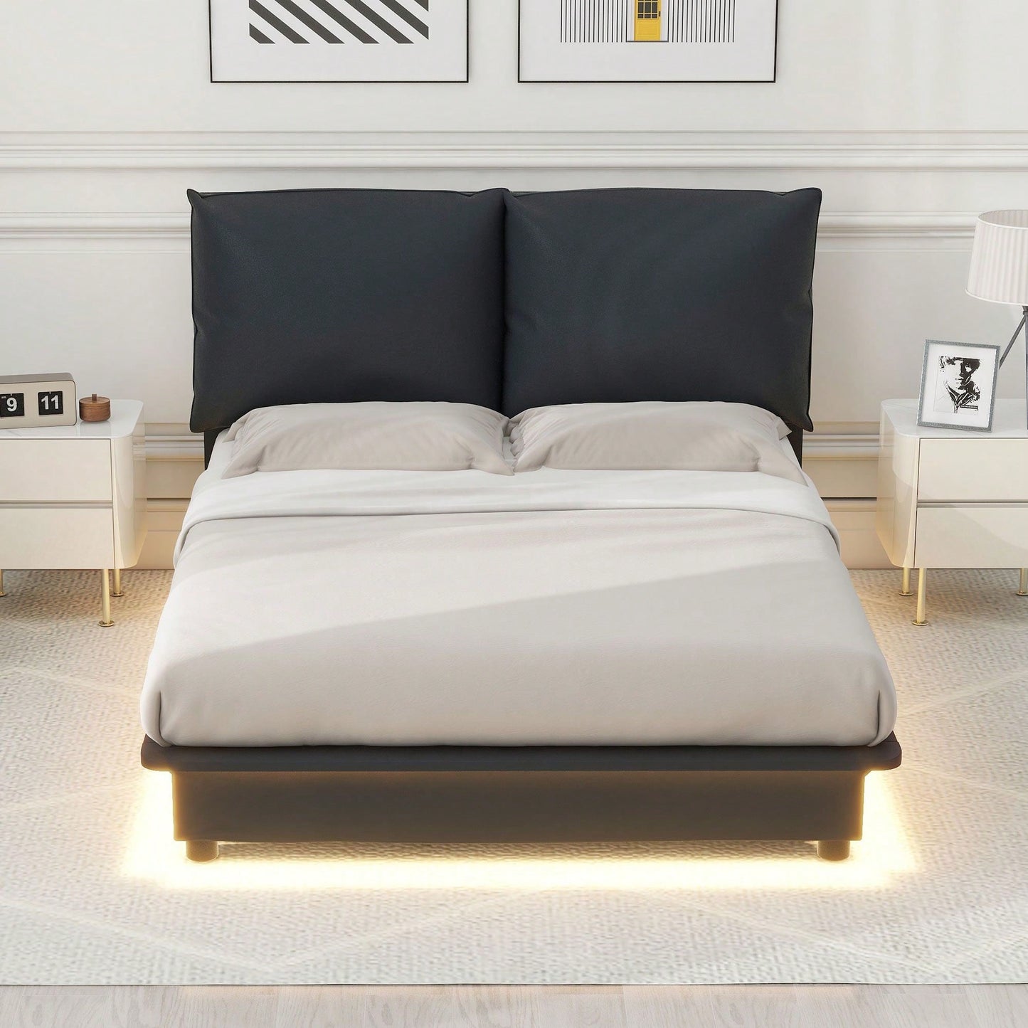 Full Size Upholstered Platform Bed With Sensor Light And Ergonomic Design Backrests