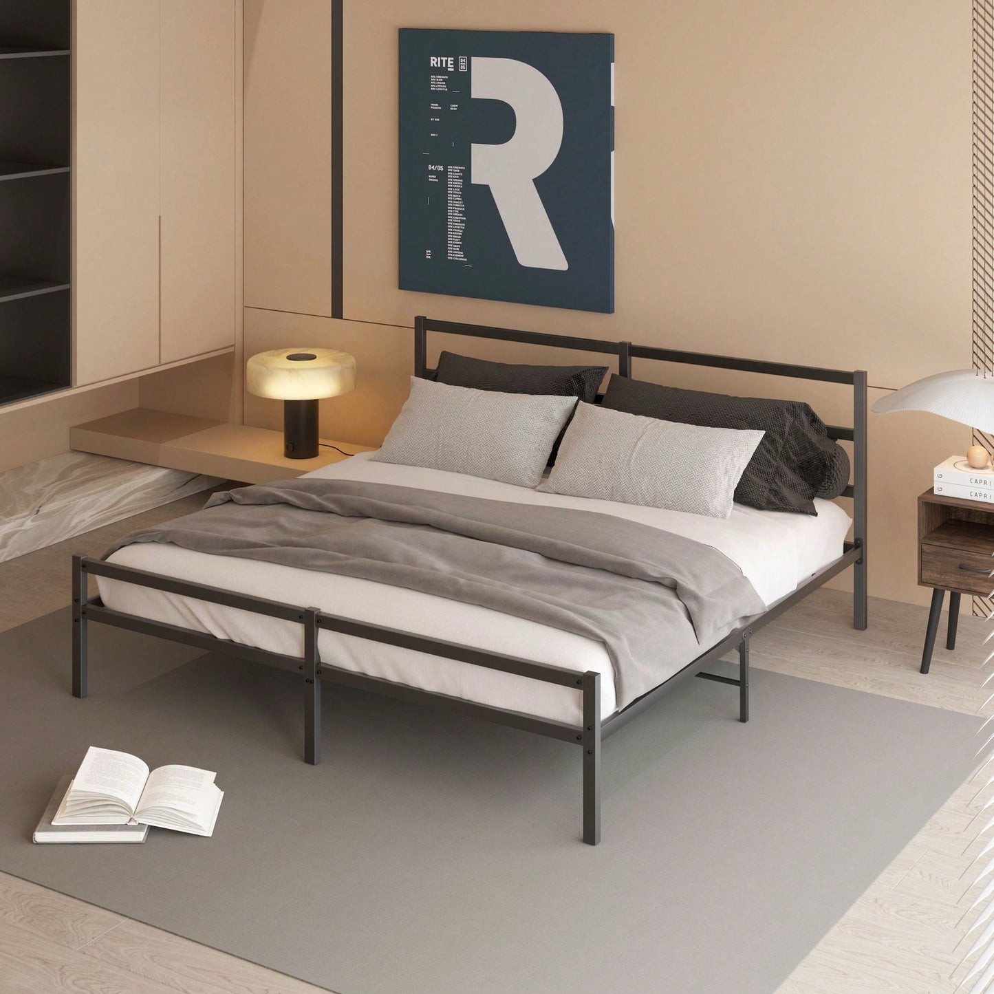 King Size Modern Metal Platform Bed With Headboard