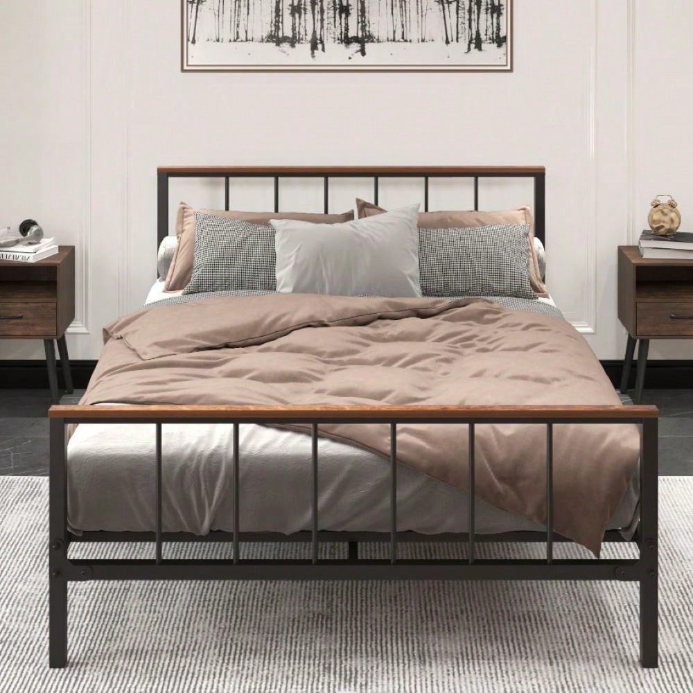 Queen Size Modern Metal Platform Bed With Headboard And Storage Space