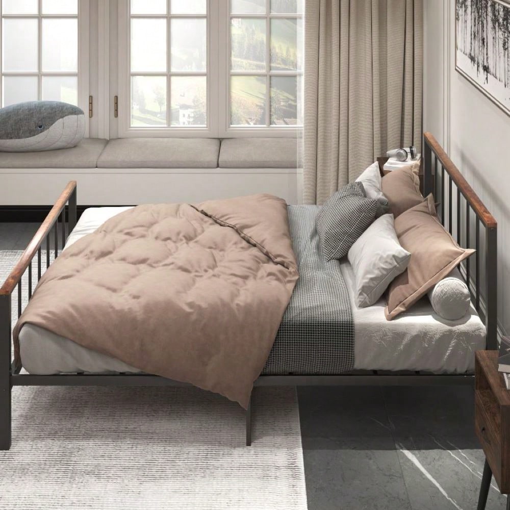 Queen Size Modern Metal Platform Bed With Headboard And Storage Space