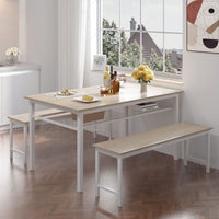 3 Pieces Farmhouse Kitchen Table Set With Two Benches, Metal Frame And MDF Board
