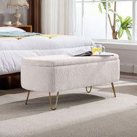 Storage Ottoman Bench For End Of Bed Gold Legs, Modern Faux Fur Entryway Bench Upholstered Padded With Storage For Living Room Bedroom