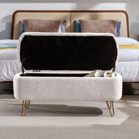 Storage Ottoman Bench For End Of Bed Gold Legs, Modern Faux Fur Entryway Bench Upholstered Padded With Storage For Living Room Bedroom